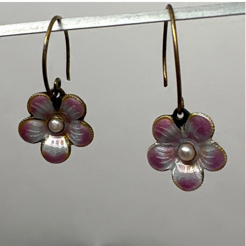 Enamel Cloisonne Pansy Flower Dangle Earrings Pearl Center, Floral Drop Earrings